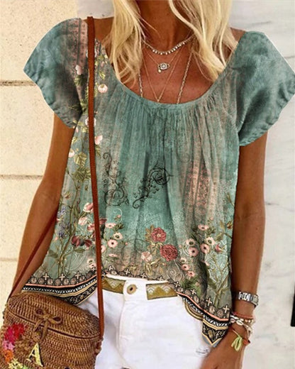 Floral Tribal Print Scoop Neck T Shirt