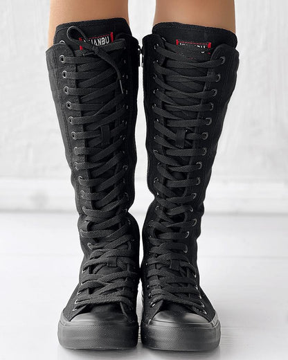 Canvas Side Zipped Lace Up Boots