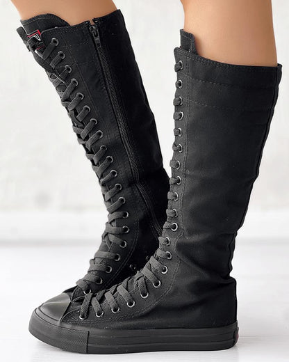 Canvas Side Zipped Lace Up Boots