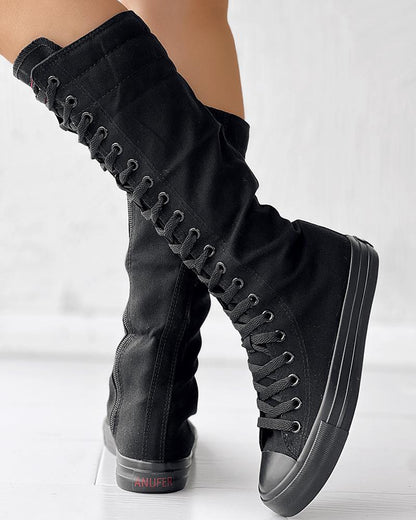 Canvas Side Zipped Lace Up Boots