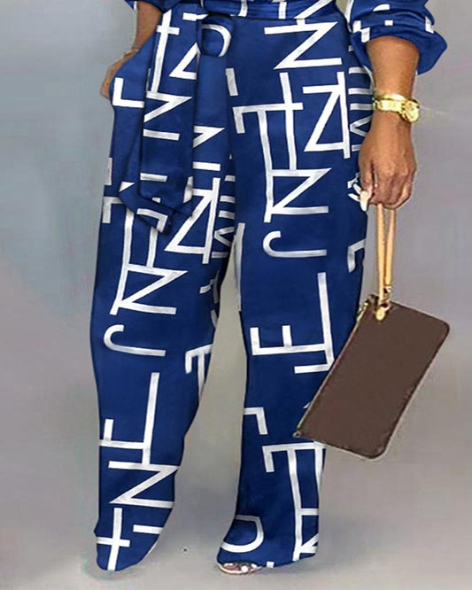 Plus Size Letter Print Long Sleeve Belted Jumpsuit