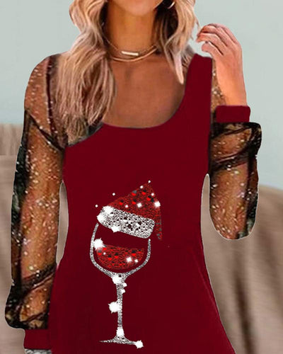 Christmas Wine Glass Print Contrast Mesh Casual Dress