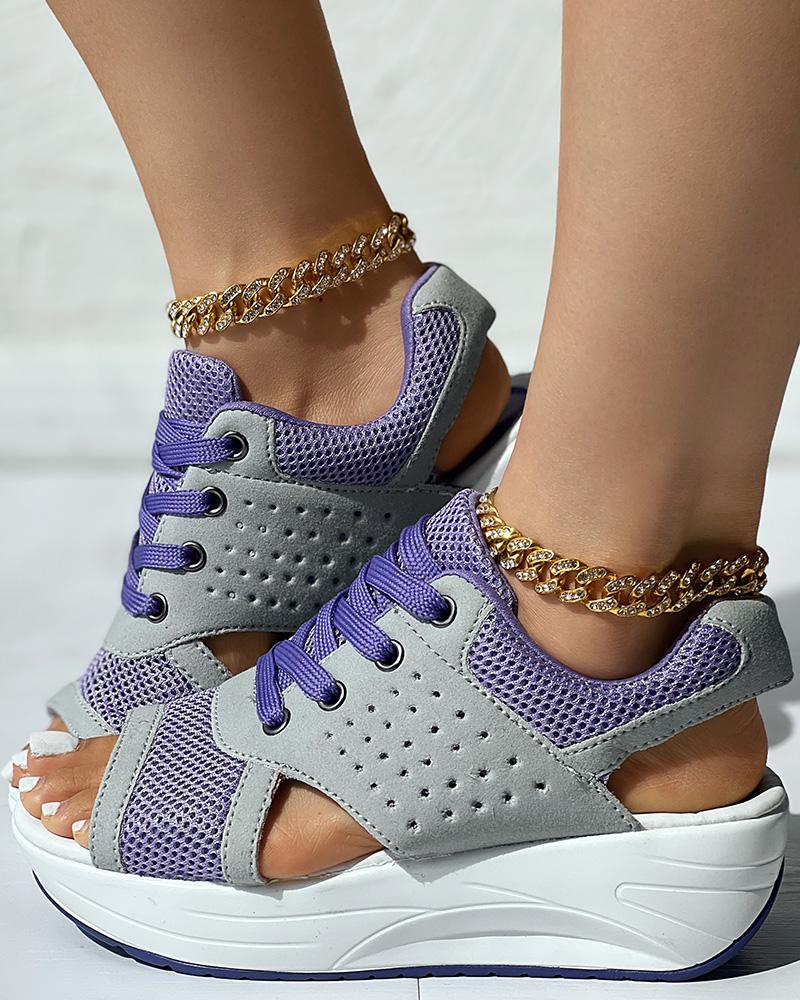 Colorblock Hollow Out Platform Wedge Sandals