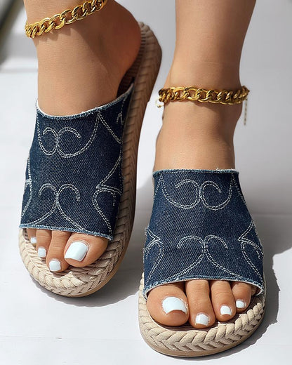 Hollow Out Denim Beach Slippers