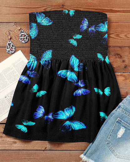 Butterfly Print Shirred Ruched Tank Top