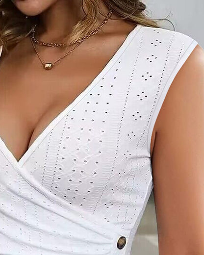 Ruched Buttoned Eyelet Embroidery Tank Top