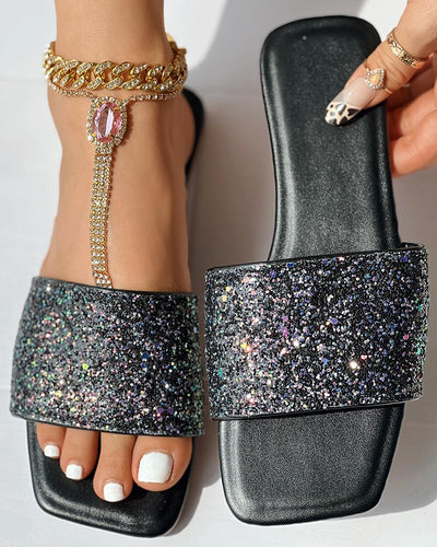 Glitter Wide Strap Square Toe Slippers