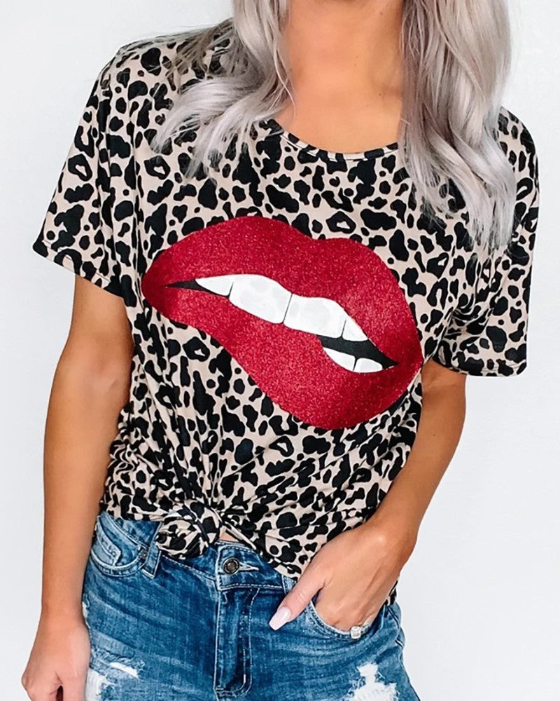 Leopard Lip Print Round Neck T shirt