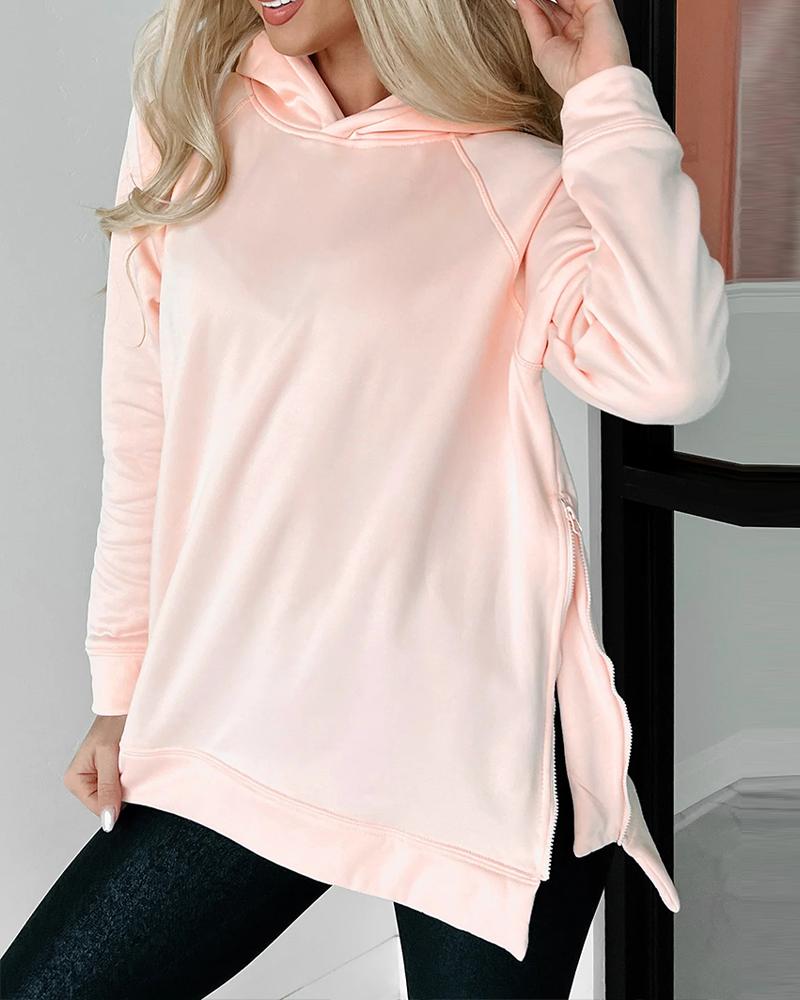 Zipper design Slit Long Sleeve Hoodie