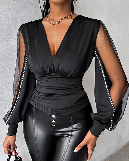 Plunge Sheer Mesh Patch Rhinestone Top