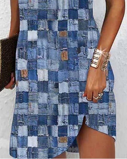 Denim Look Print Hollow Out Sleeveless Casual Dress