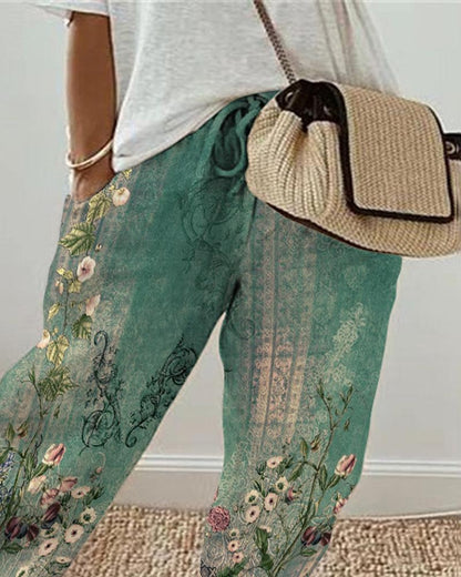 Floral Tribal Print Drawstring Cuffed Pants