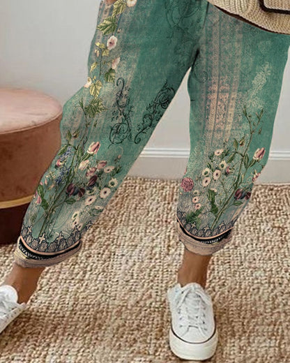 Floral Tribal Print Drawstring Cuffed Pants