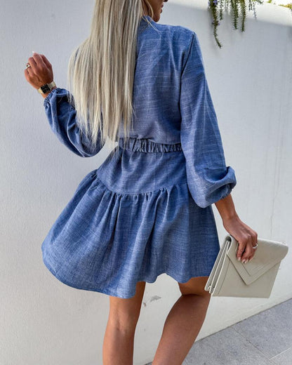 Denim Look Print Ruffle Hem Shirt Dress