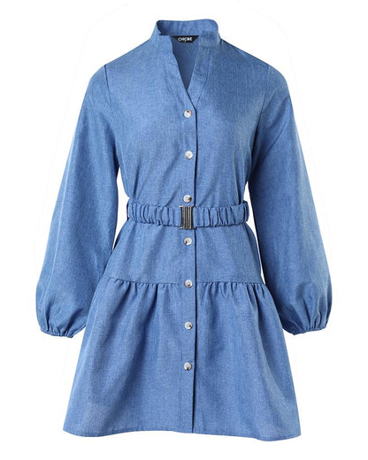 Denim Look Print Ruffle Hem Shirt Dress