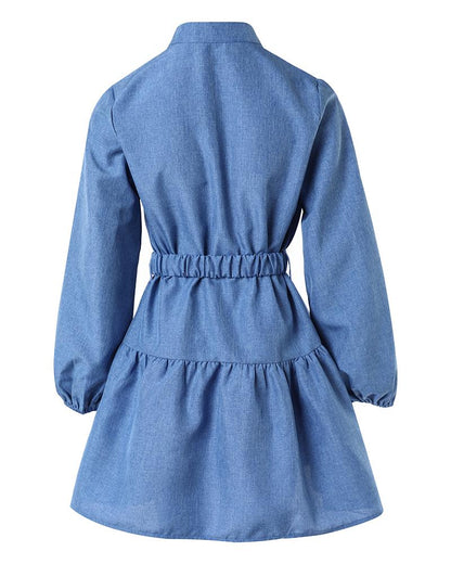 Denim Look Print Ruffle Hem Shirt Dress