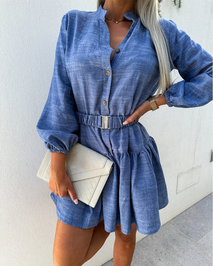 Denim Look Print Ruffle Hem Shirt Dress