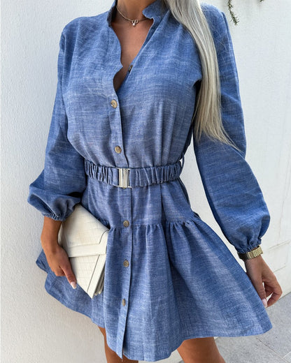 Denim Look Print Ruffle Hem Shirt Dress