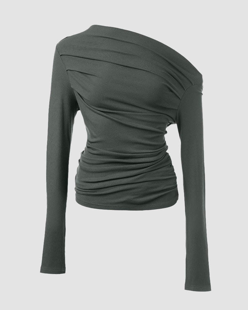 Skew Neck Ruched Long Sleeve Top