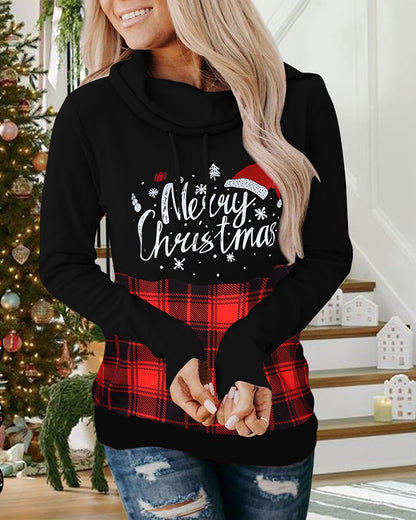 Christmas Letter Plaid Print High Neck Sweatshirt