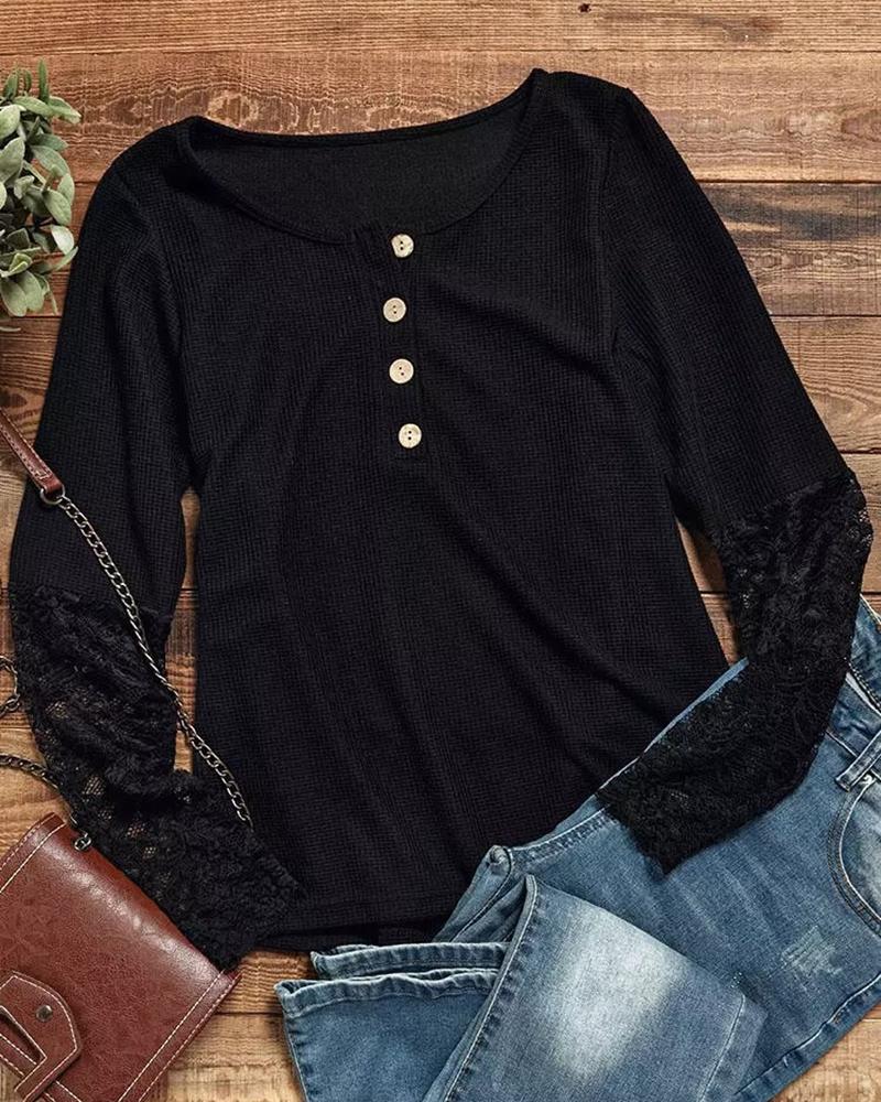 Lace Patch Buttoned Long Sleeve Top