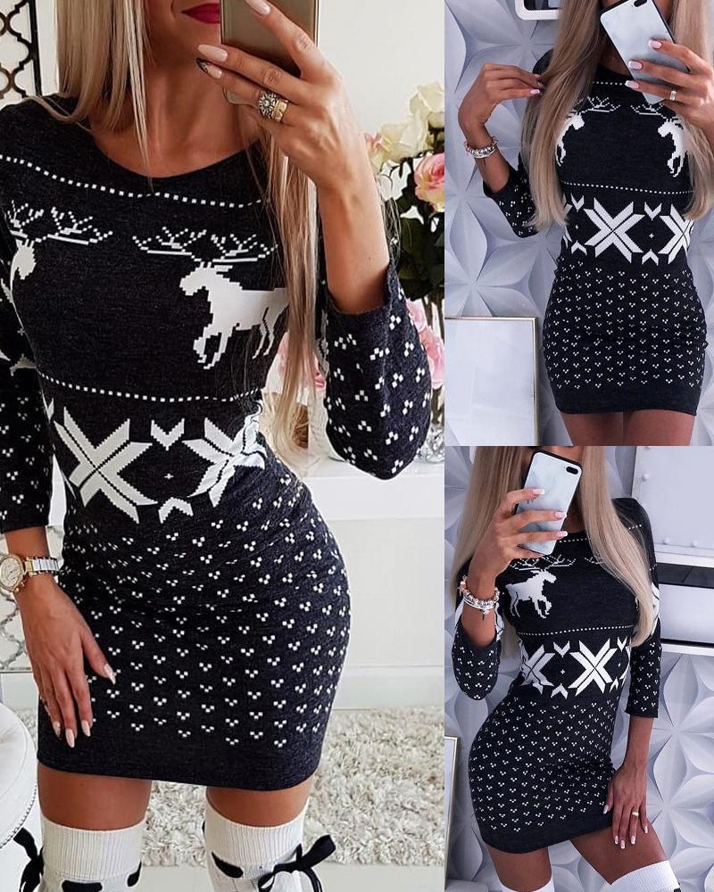 Christmas Reindeer Print Casual Sweater Dress