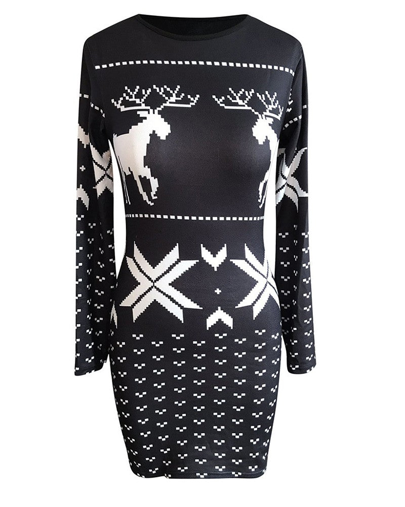 Christmas Reindeer Print Casual Sweater Dress