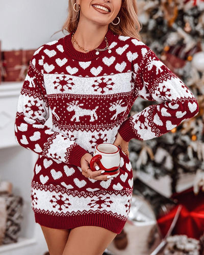 Christmas Elk Heart Snowflake Print Knit Casual Dress