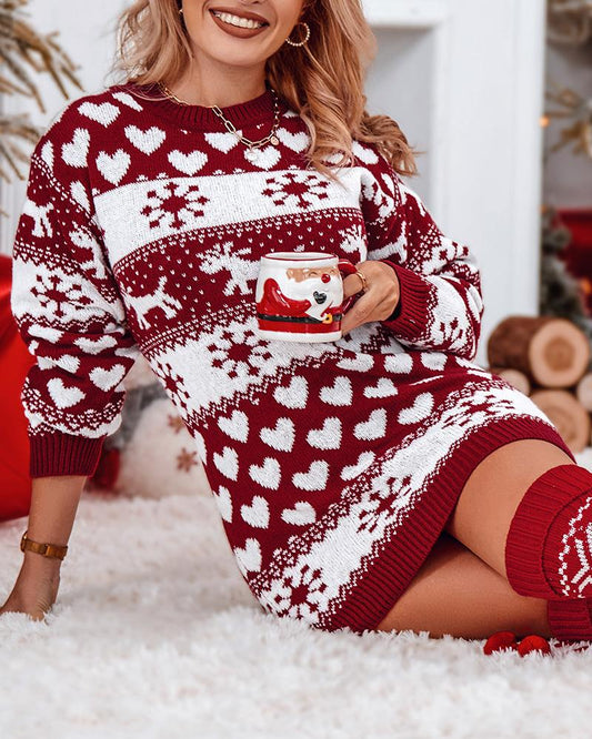 Christmas Elk Heart Snowflake Print Knit Casual Dress