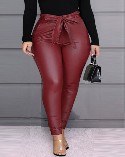 Plus Size Tied Detail Pocket Design PU Leather Pants