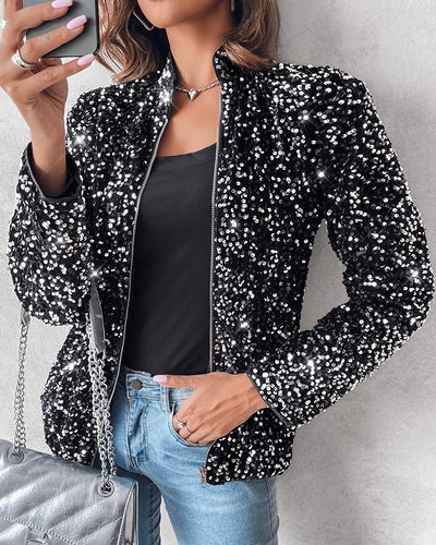 Stand Collar Allover Sequin Jacket