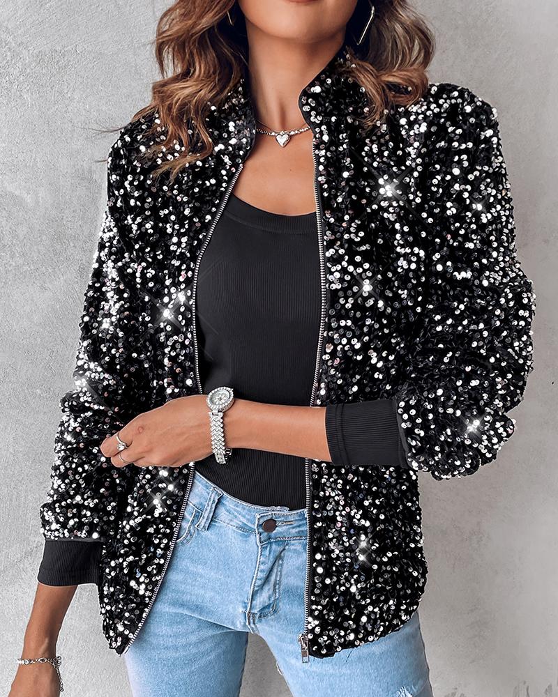 Stand Collar Allover Sequin Jacket