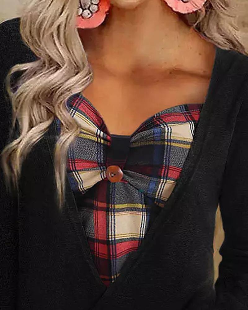 Contrast Plaid Fake Two Piece Long Sleeve Top