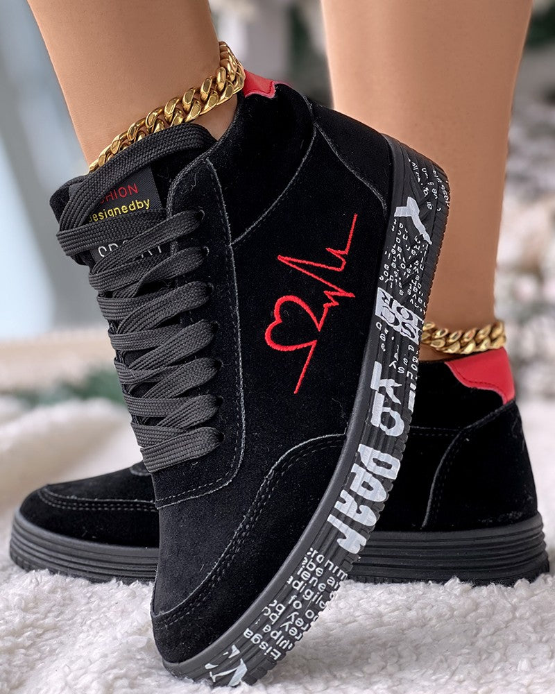 Heart Embroidery Lace up Platform Sneakers