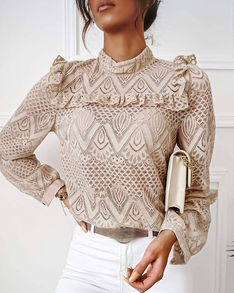 Lace Frill Hem Hollow Out Long Sleeve Top