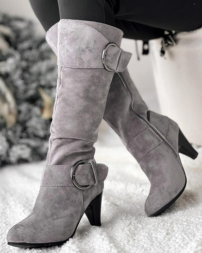 Buckled Chunky Heel Velvet Calf Boots