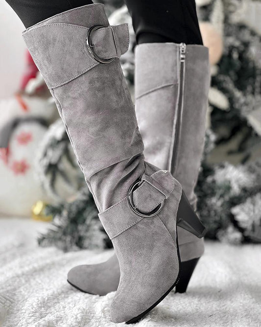 Buckled Chunky Heel Velvet Calf Boots