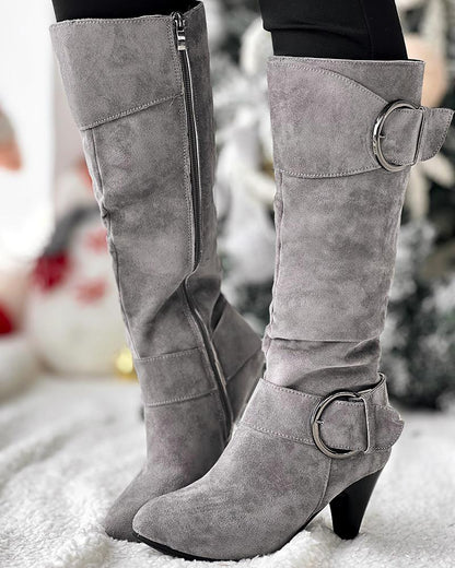 Buckled Chunky Heel Velvet Calf Boots