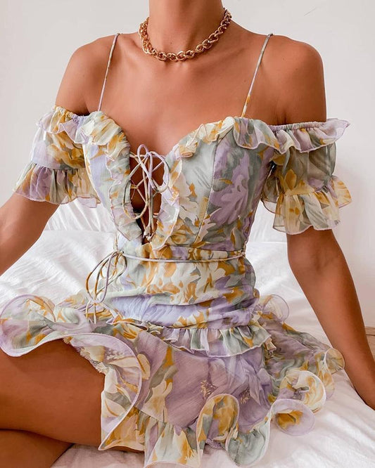 Cold Shoulder Lace Up Ruffle Hem Floral Print Dress