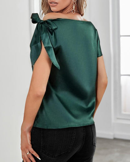 Bowknot Decor Short Sleeve Satin Top