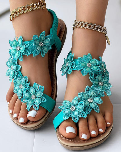 Floral Pattern Toe Ring Slingback Beach Sandals