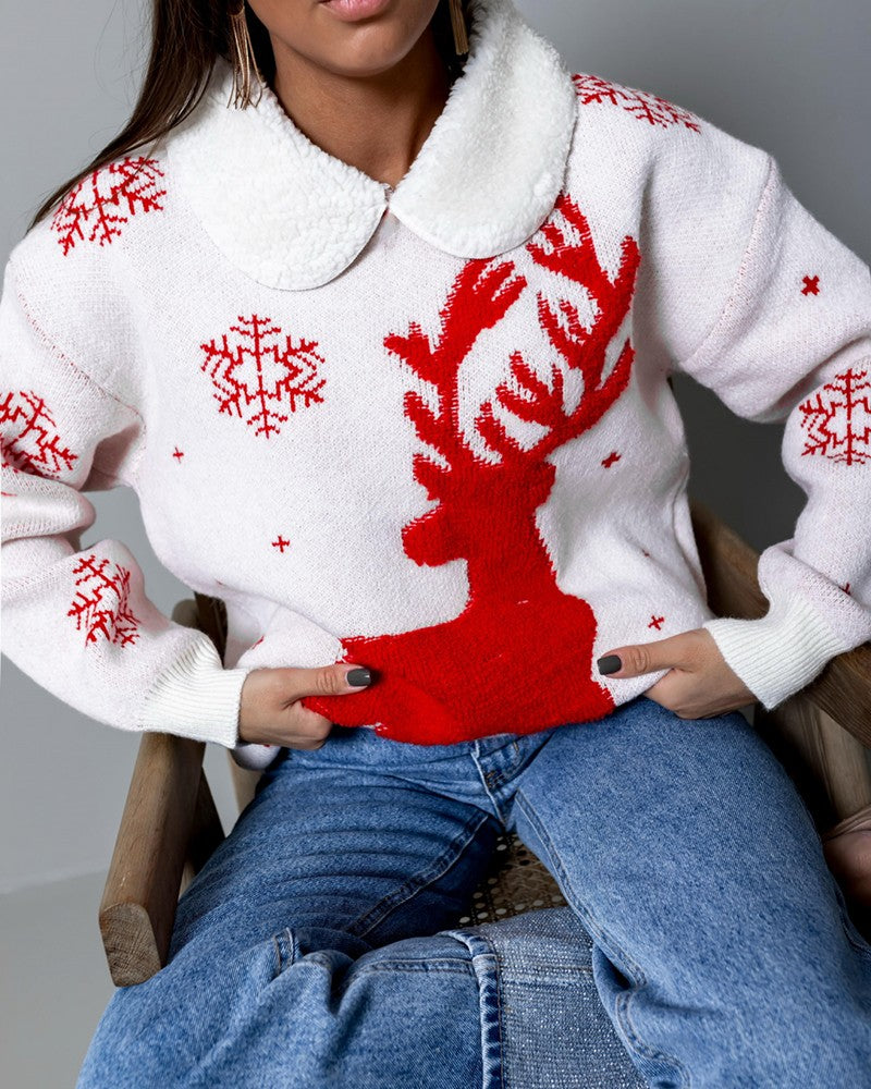 Christmas Reindeer Snowflake Pattern Colorblock Knit Sweater