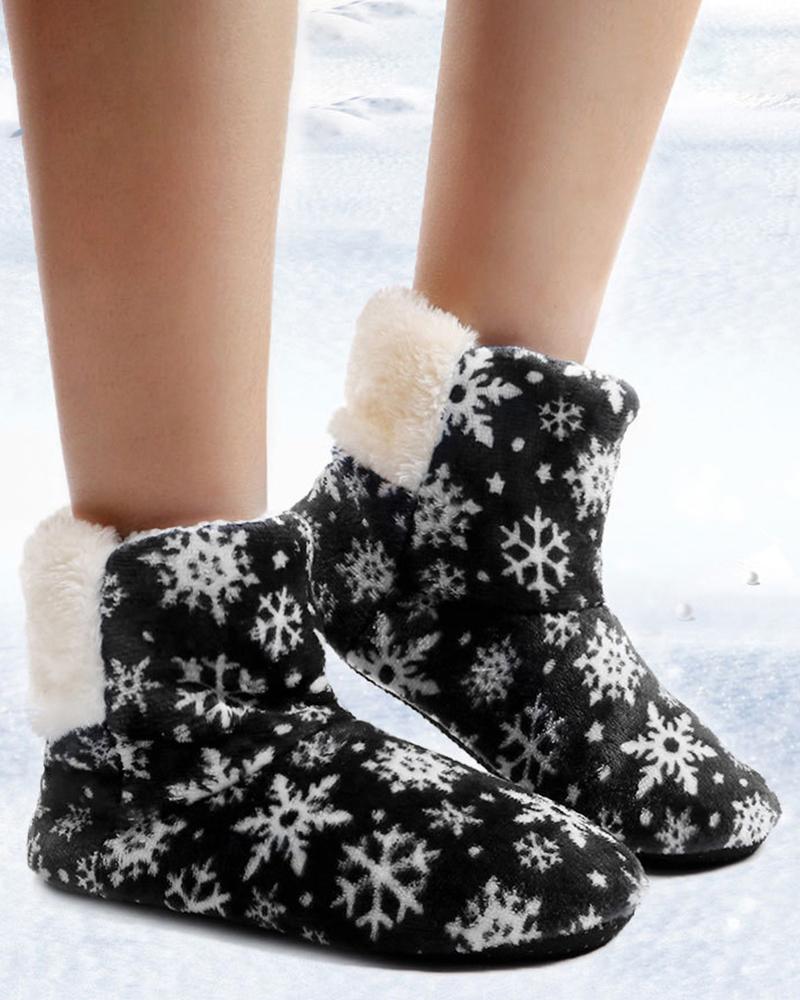 Christmas Snowflake Print Fluffy Indoor Boots