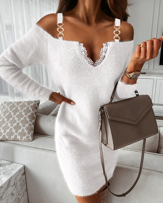 Contrast Lace Cold Shoulder Fluffy Long Sleeve Dress