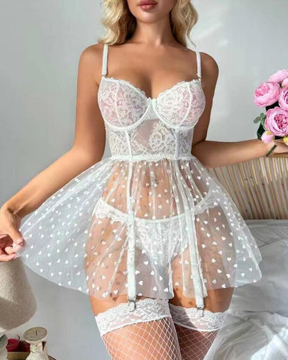 Sheer Mesh Lace Garter Babydoll With Thong