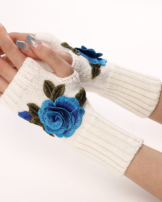 1Pair Floral Embroidery Fingerless Winter Knit Warm Gloves