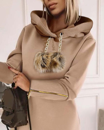 Pom Pom Hooded Sweatshirt Casual Dress