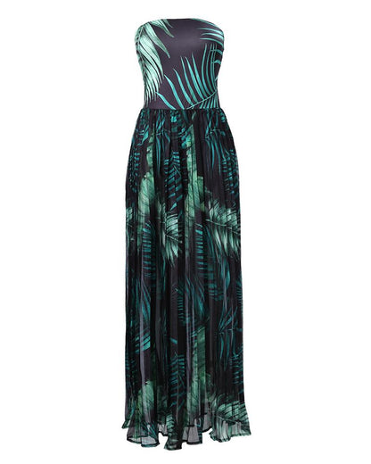 Tropical Print Bodysuit Insert Sheer Mesh Pleated Maxi Dress