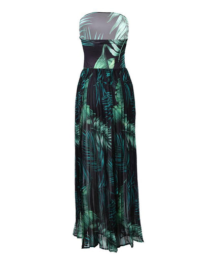 Tropical Print Bodysuit Insert Sheer Mesh Pleated Maxi Dress