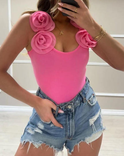 Rose Detail Asymmetrical Neck Tank Top